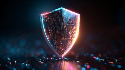 Fototapete - A vibrant glowing chrome shield symbol on a digital background, representing cybersecurity and data protection in a futuristic technology environment, illuminated with neon colors
