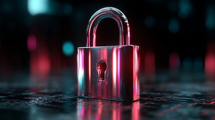 Leinwandbilder - A vibrant glowing chrome padlock symbol, illuminated with neon colors, digital shield symbolizing security in a dark futuristic server room environment