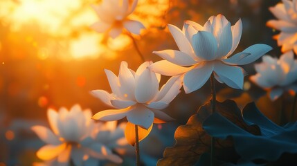 Lotus Flower Head. Close-Up of White Blossoms on Tree Branch At Sunset
