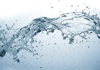 Poster - Close-up of a dynamic water splash with droplets suspended in mid-air against a soft, light blue background