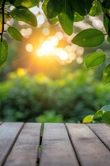Poster - Tranquil Scene of Wooden Table with Green Leaves and Bokeh Sunlight in a Relaxing Garden Setting