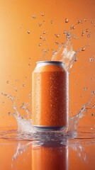 Poster - Orange soda can splash on orange background studio shot beverage refreshment drink advertising photography