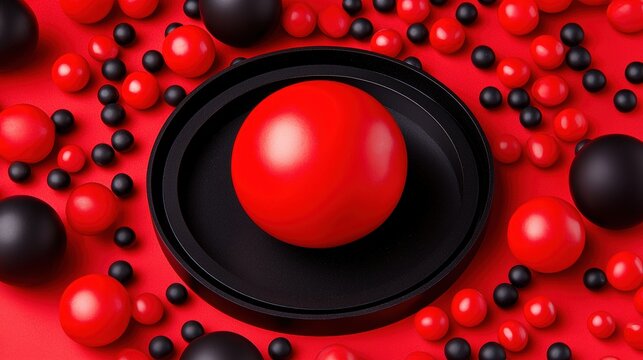 A 3D rendering of a black and red sphere with a smaller sphere inside, surrounded by smaller spheres.