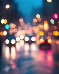Poster - Abstract city lights bokeh background at night with blurred car headlights and reflections on wet street