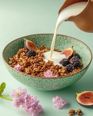 Poster - Pouring Milk into Granola Bowl with Figs and Blackberries on Light Green Background Close Up Still Life