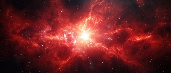 Poster - Red Nebula Exploding in Deep Space Digital Art Illustration Cosmic Cloud Starfield Galaxy
