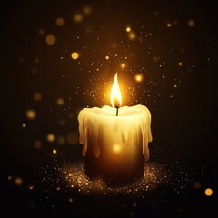 Poster - Glowing Candle Flame Illuminates Dark Background with Bokeh and Glittering Sparkles Studio Shot