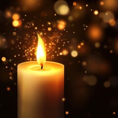Poster - Glowing Candle Flame Illuminates Dark Background with Bokeh Lights and Sparkles Warm Light Source Still Life