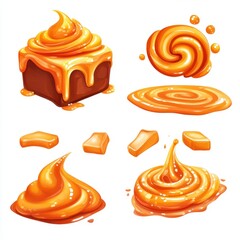 Poster - Sweet Caramel Candy Set Illustration on White Background Delicious Toffee Swirls and Pieces Close Up Still Life