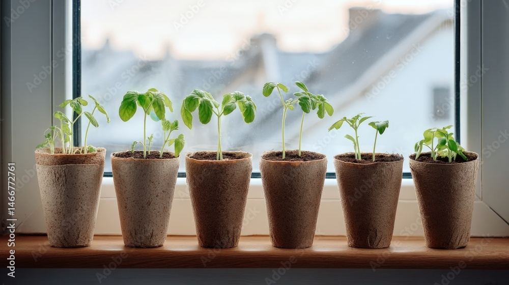 Seven Young Seedlings Growing in Pots on a Windowsill Stock Photo ...