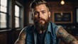 © People's Stock's - With a striking beard and inked arm, a handsome hipster exudes relaxed confidence as he gazes directly at the camera.