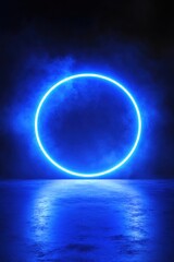 Poster - Neon blue circle on a blue floor with smoky background