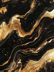 Poster - Abstract gold paint swirls on black background creating a luxurious marble effect close up detail art design