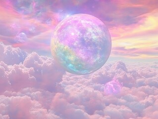 Poster - Ethereal pastel planet floats above a sea of fluffy clouds soft dreamy celestial landscape fantasy illustration