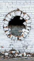 Poster - White Brick Wall with Circular Hole and Rubble Debris on Ground Level Close Up Vertical Shot