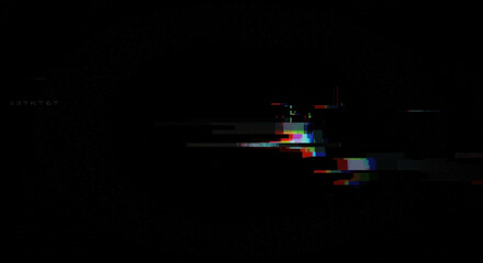 Minimal digital glitch with subtle colorful pixels on predominantly black background. Technological distortion with restrained aesthetic. Data corruption concept. Cybersecurity services, tech startups