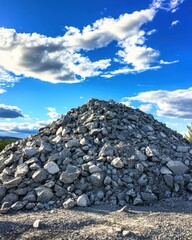 Poster - Upward View of Large Pile of Gray Rocks Under Bright Blue Sky with Clouds in Rural Landscape