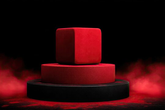Red cube on black podiums in smoky environment