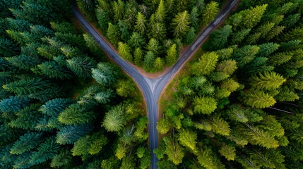 Poster - Aerial view of a crossroad in a forest, fork in the road, making the right choice