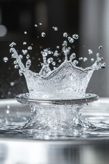Poster - water splash crown close up action shot studio photography with dark background and silver metal rin
