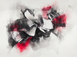 Poster - Abstract charcoal and red ink drawing on white paper; expressive, dynamic composition, studio shot, fine art