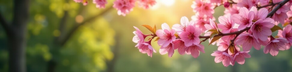 Wall Mural - pink cherry blossoms in full bloom, dappled sunlight filtering through a lush forest , nature, fairy