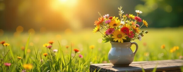 Wall Mural - sunlit meadow wildflowers in a simple ceramic vase , natural, blossoms, art