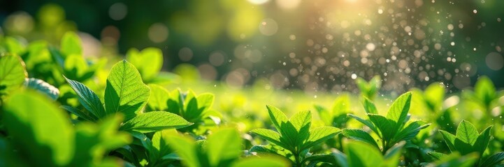 Wall Mural - vibrant green garden flourishing under sprinkler, sunlit , garden, agriculture