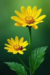 Wall Mural - bright yellow daisy with green leaves, ladybug perched on petal, close-up, colorful