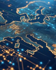 Poster - Europe map digital network concept close up view of technology data connection and communication lines