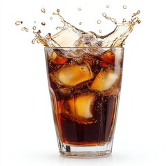 Poster - Refreshing cola drink splashing in glass with ice cubes on white background studio shot beverage photography