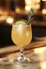 Poster - Refreshing cocktail in glass with lime and rosemary garnish at bar level close up view of drink on marble counter