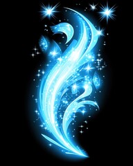 Poster - Abstract blue light streaks on black background with sparkling stars digital art graphic design element