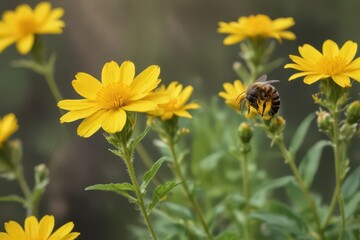 Wall Mural - a busy bee pollinating a vibrant yellow flower , floral, wildlife, wings