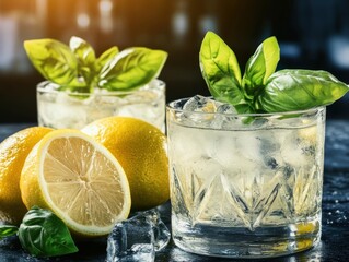 Poster - Refreshing Lemon Basil Cocktail Close Up Still Life on Dark Surface with Ice Cubes and Fresh Lemons Summer Drink