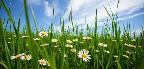 Wall Mural - wild daisies scattered amidst tall green grass under a vibrant blue sky, photography, nature