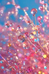 Poster - Iridescent Spheres on Delicate Stems Reflecting Light in a Dreamy Pink and Blue Hued Abstract Close Up