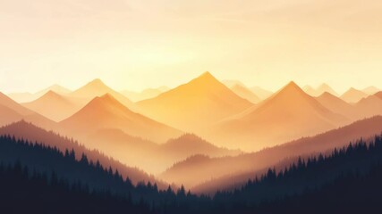 Poster - Warm sunlight illuminates majestic mountain peaks and an evergreen forest, creating a breathtaking natural landscape bathed in golden light and hazy atmosphere