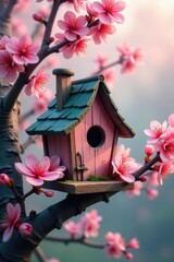 Wall Mural - a charming birdhouse nestled amongst blossoming cherry branches , delicate, flowers