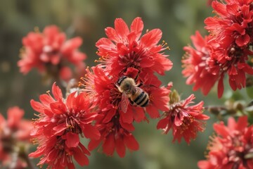 Wall Mural - a fuzzy bee gathers pollen from a vibrant red blossom , red, vibrant