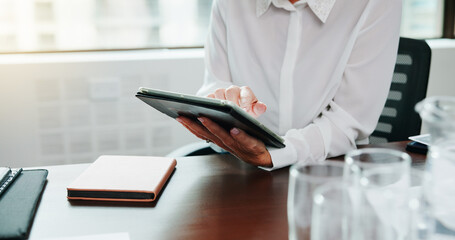 Poster - Office, business and hands of person on tablet for financial review, budget report and investment. Professional, company consulting and woman on digital tech for research, finance planning or website