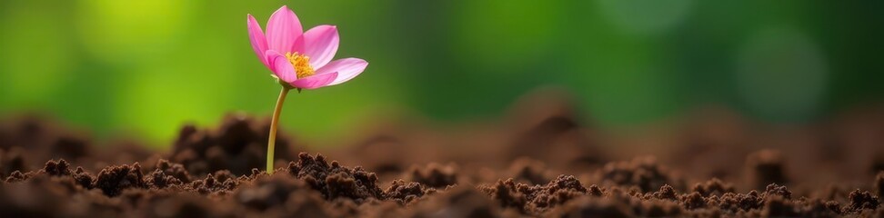 Wall Mural - delicate pink flower stem emerges from rich brown soil , ground, root