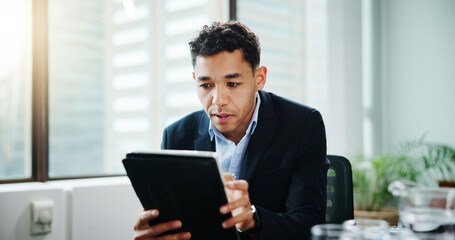 Aufkleber - Data, research and tablet with business man in office for accounting, development or reporting. App, finance and reading with accountant in professional workplace for budget or wealth management