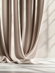 Poster - Elegant beige curtain cascading down in studio shot with window shadow on wall creating a soft light effect