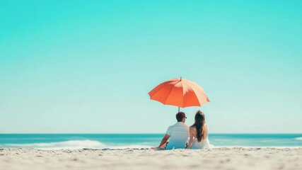 Poster - Couple sitting on sandy beach under orange umbrella, enjoying serene ocean view, backs turned, creating a tranquil scene of summer vacation bliss