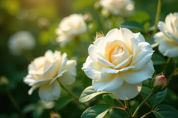 Wall Mural - a profusely blooming white rose bush, petals unfurling in sunlight , macro, flowers, shrub
