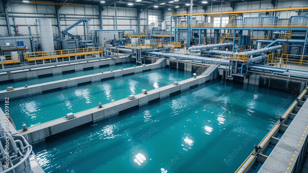 Modern water treatment plant cleans industrial wastewater. Purification tanks, processing reservoirs purify sewage water with industrial technology. Sustainable eco-friendly factory environment.