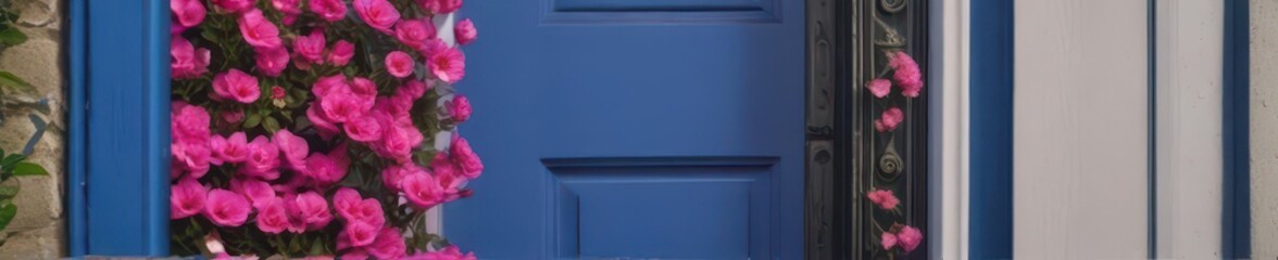 Wall Mural - a vibrant blue door, black handle, pink flowers abound , building, landscape