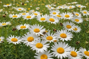 Wall Mural - busy bees pollinating cheerful daisies in a sun-drenched meadow , fauna, petals