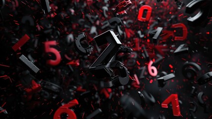 Poster - Floating black and red 3D numbers on a dark background. Abstract 3D rendering art of number floating in black space with glowing red. Digital art for design and print. Modern artwork concept. AIG53.